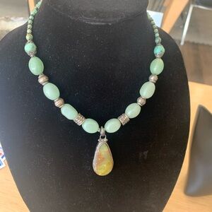 Green Beaded Necklace with Silver Accents